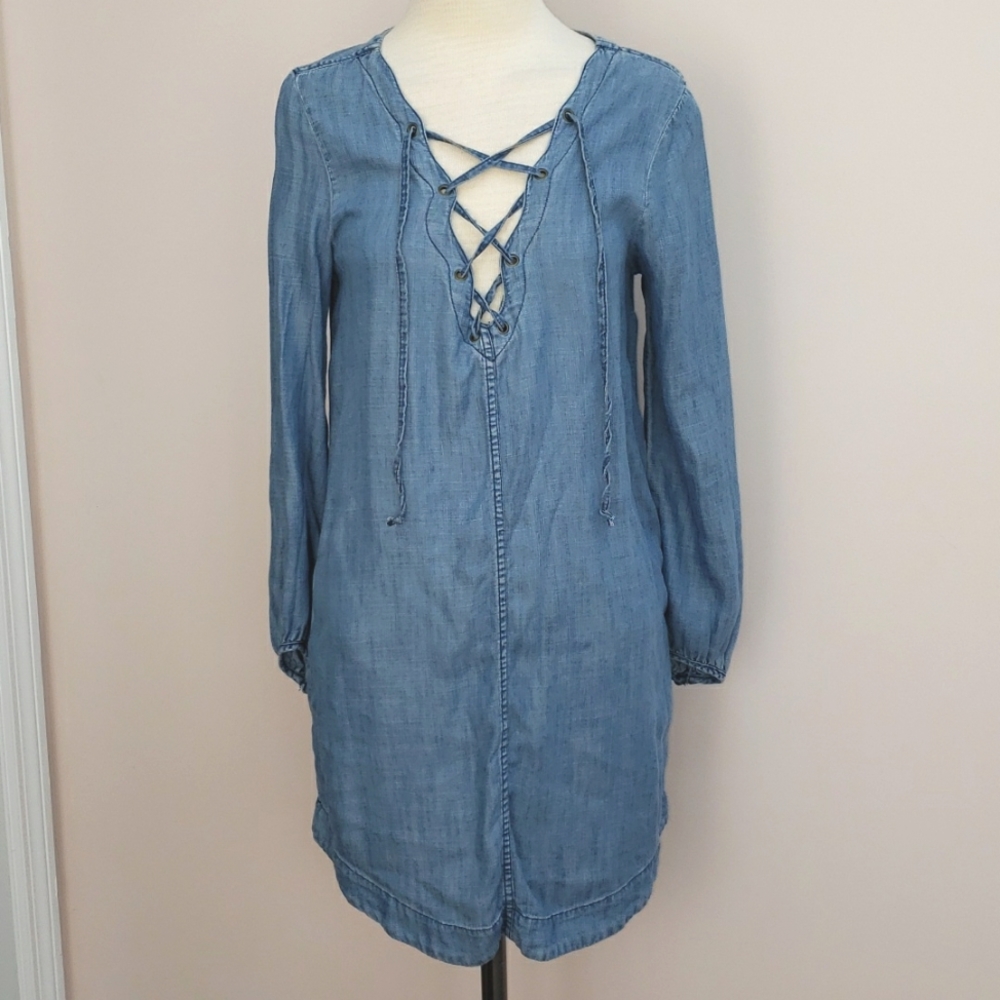 American Eagle Blue Chambray Long Sleeve Dress with Lace-up Neckline, Size Small